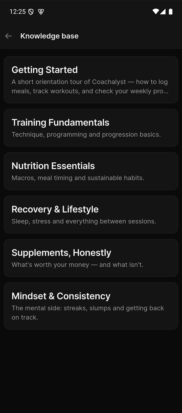 Coachalyst app — knowledge base with coaching course categories