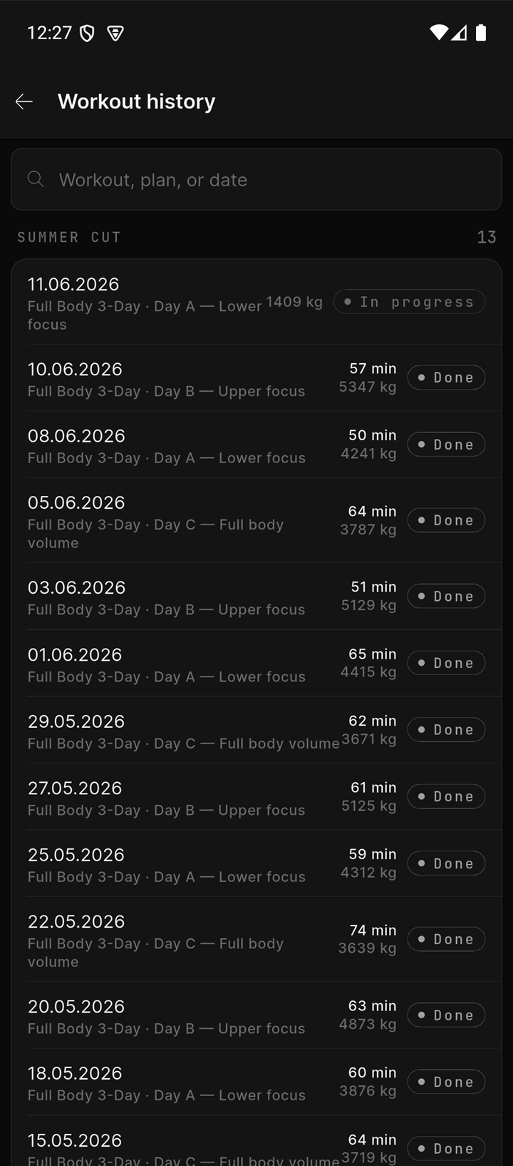 Coachalyst app — workout history with volume and duration per session